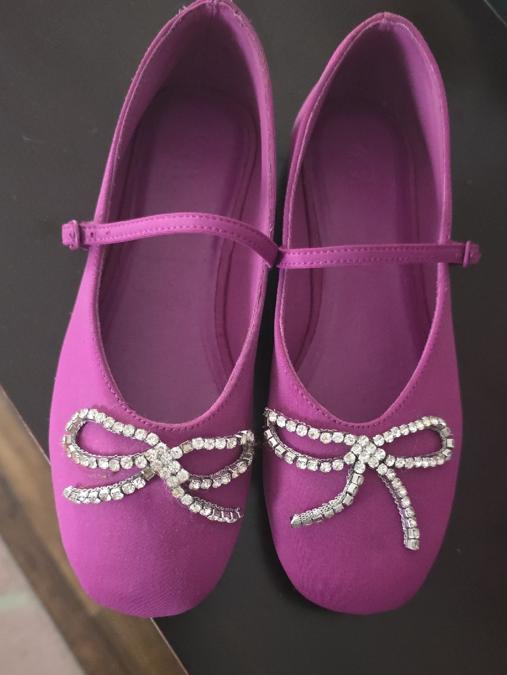 Zara Girls Magenta Mary Jane Flats with Rhinestone Bow